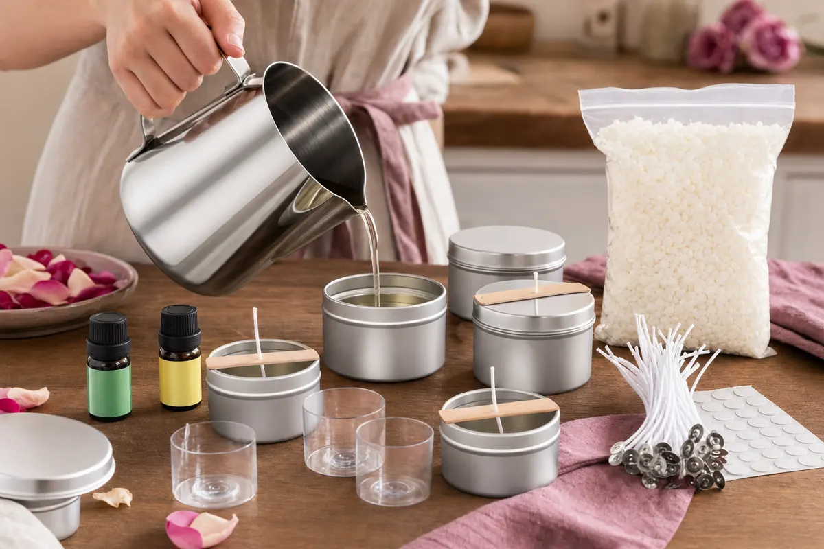 A kitchen table set up for candle making with the stainless pitcher pouring wax into a tin