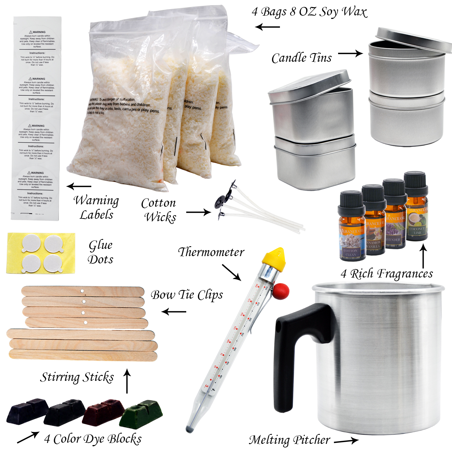 Candle Making Kit, Soy Wax Flakes, Wicks, Pitcher, Fragrances, Two Tins